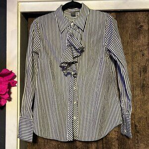 Ellen Tracy Blouse Ruffle Front Black White Stripe Career Top Size 6
